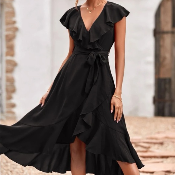 Boho burgundy butterfly sleeve blue ruffle hem belted wrap dress - Picture 5 of 16